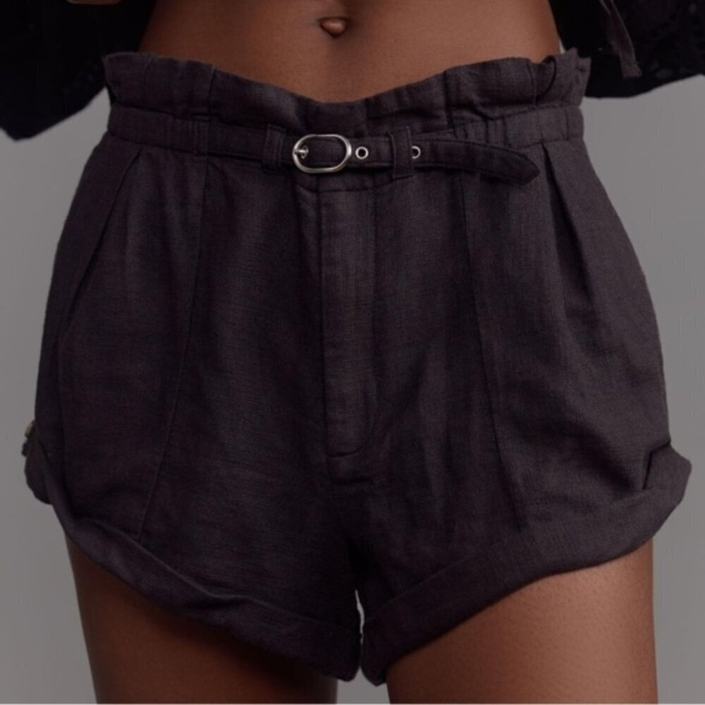 Anthropologie Navy Blue Belted Linen Shorts Size Large